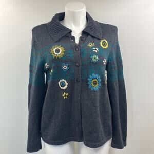 Christopher & Banks Women Embroidered Floral Cardigan‎ Sweater Cotton Gray Sz XL